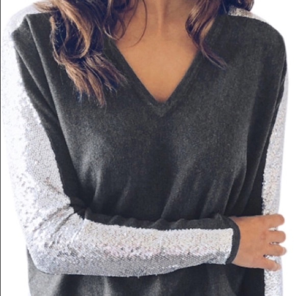 Black tee shirt with silver sequin sleeves NWOT - Picture 4 of 4